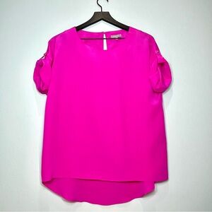 ELLIE KAI 100% Silf Short Sleeve Top Bright Pink Keyhole Back Closure Size 4